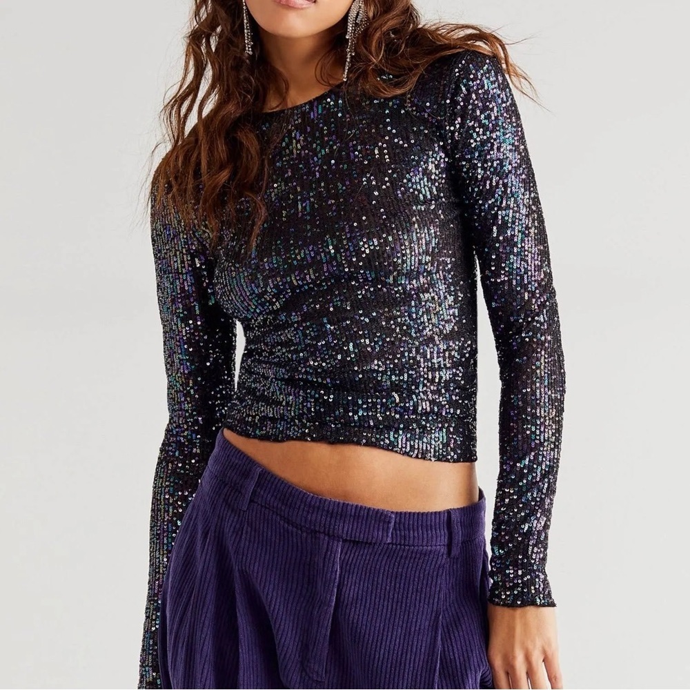 NWT Free People Women's Gold Rush Long Sleeve Top in black
